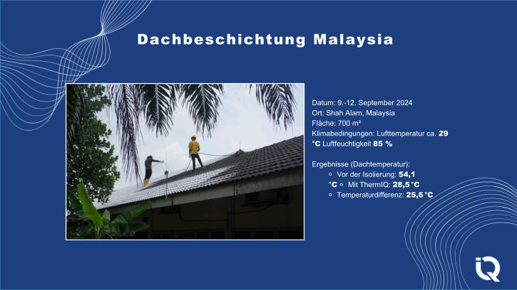 Dachbeschichtung Malaysia Datum: 9.-12. September 2024 Ort: Shah Alam, Malaysia Flche: 700 m Klimabedingungen: Lufttemperatur ca. 29 C Luftfeuchtigkeit 85 % Ergebnisse (Dachtemperatur): ⚬ Vor der Isolierung: 54,1 C ⚬ Mit ThermIQ: 28,5 C ⚬ Temperaturdifferenz: 25,6 C