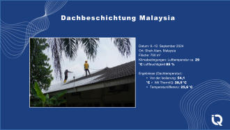 Dachbeschichtung Malaysia Datum: 9.-12. September 2024 Ort: Shah Alam, Malaysia Flche: 700 m Klimabedingungen: Lufttemperatur ca. 29 C Luftfeuchtigkeit 85 % Ergebnisse (Dachtemperatur): ⚬ Vor der Isolierung: 54,1 C ⚬ Mit ThermIQ: 28,5 C ⚬ Temperaturdifferenz: 25,6 C